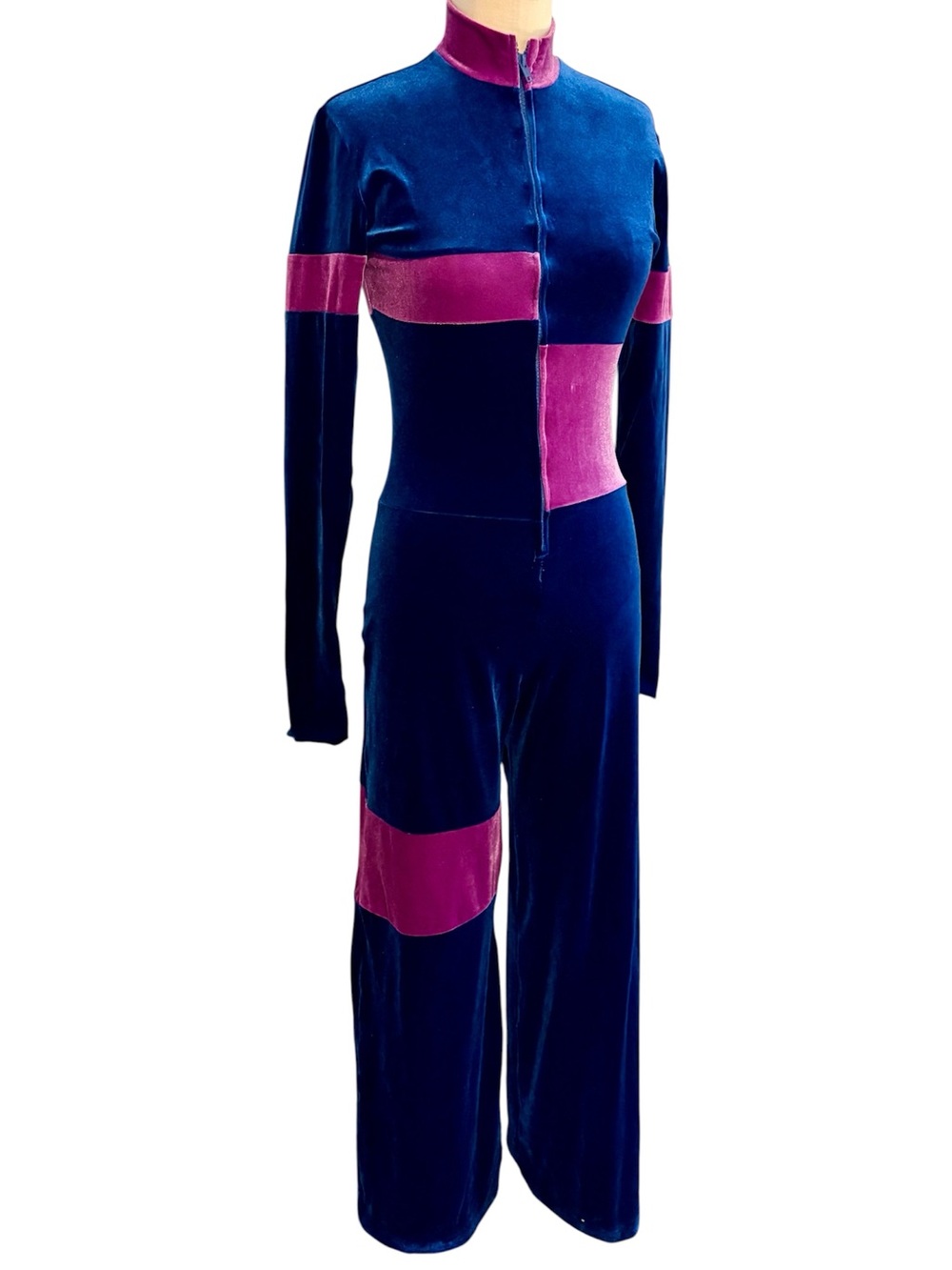 Velvet Colorblock Jumpsuit in Navy and Magenta